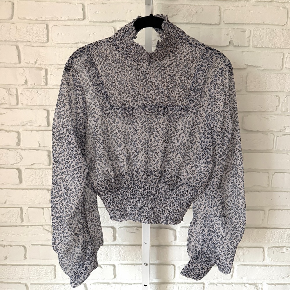 H&M Blue Floral Smocked Mock Neck Blouse Size 2